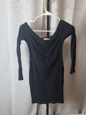 Princess Polly black ribbed long sleeve off shoulder fitted bodycon dress sz 6